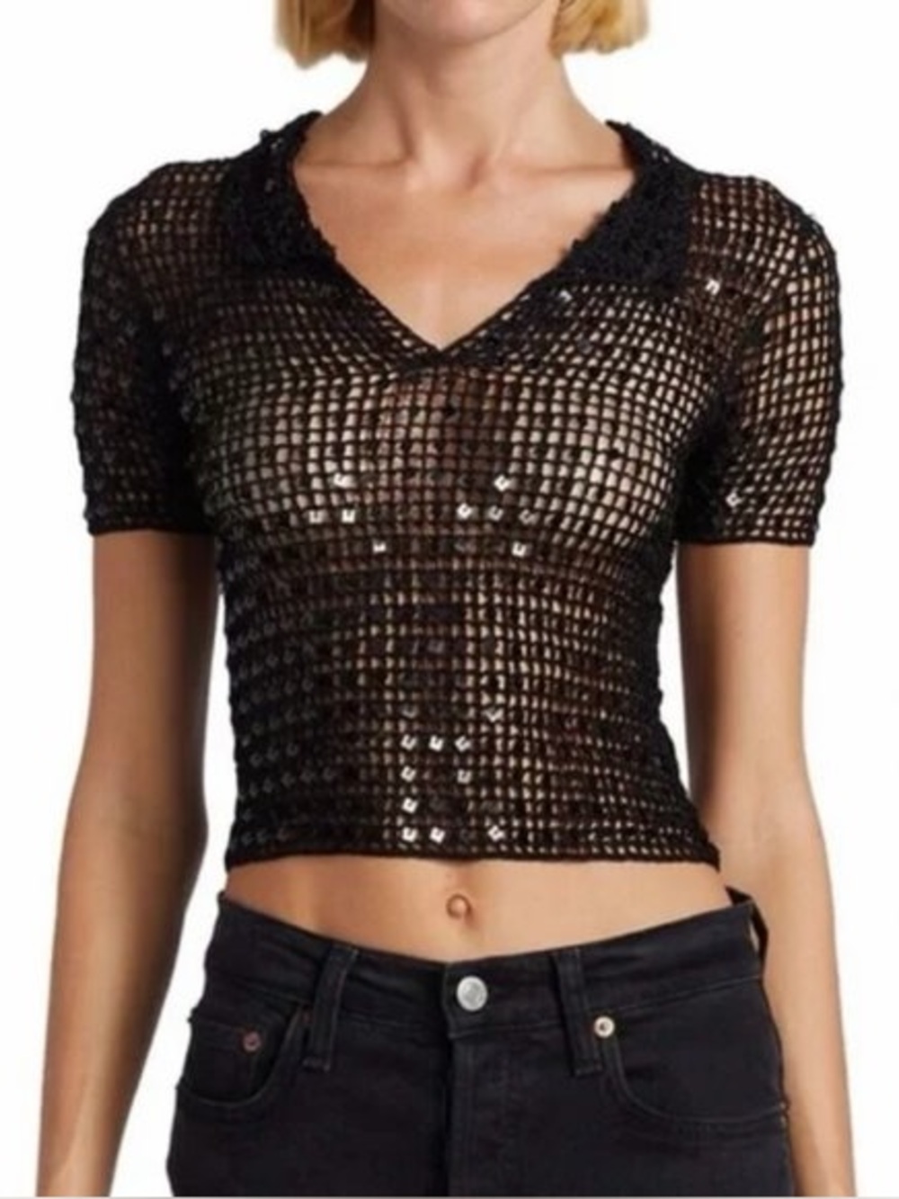 Aya Muse black sequin mesh crop top